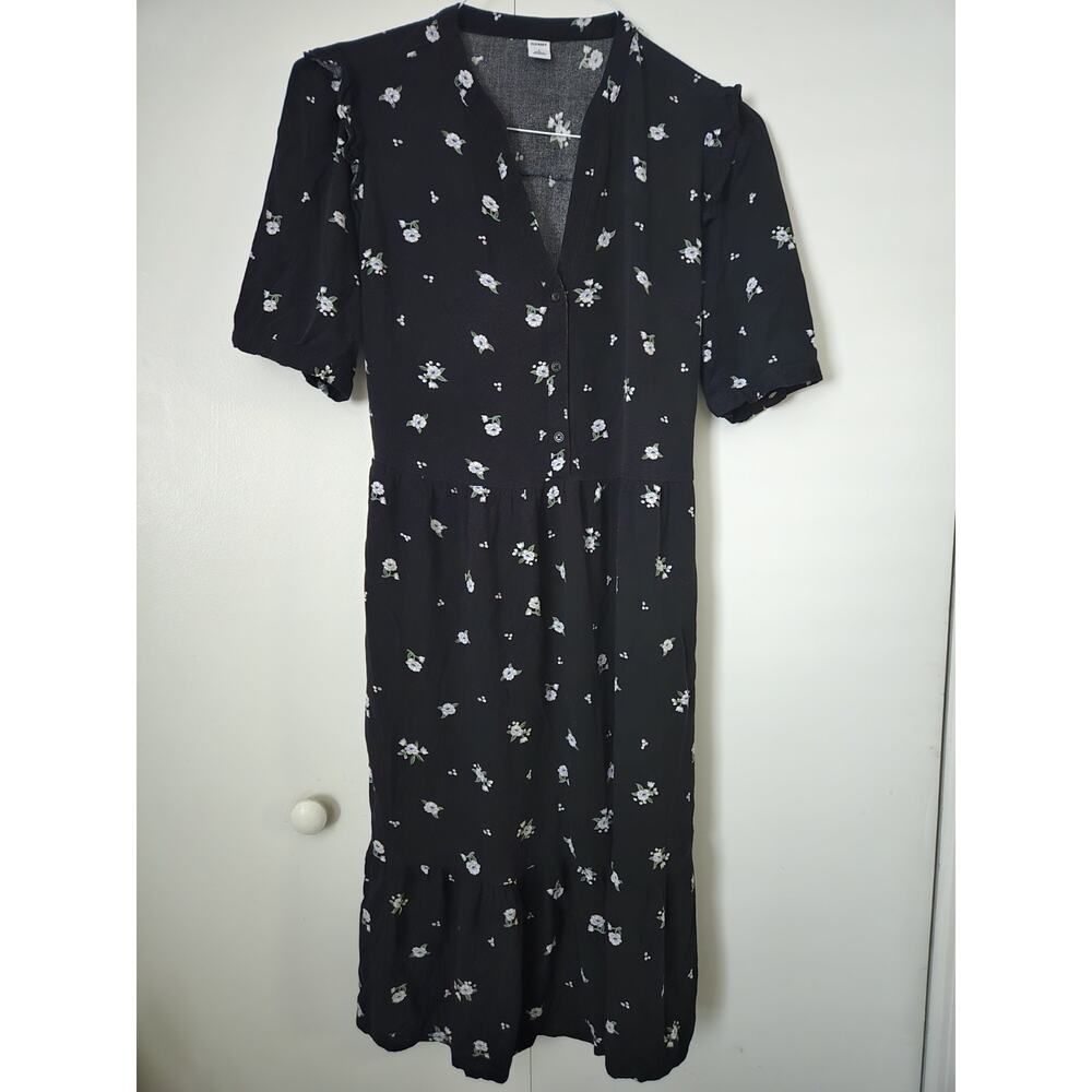 OLD NAVY Midi Dress Size Sm Black Floral Button Front Tiered V-Neck Short Sleeve